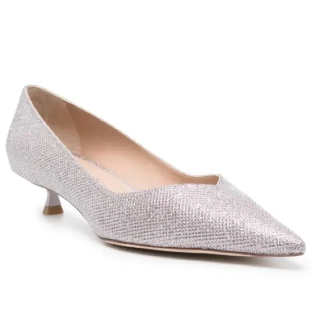 Stuart Weitzman Eva 35 Kitten Heel Metallic Mesh Pump Rose Pink Pointed Toe 6B